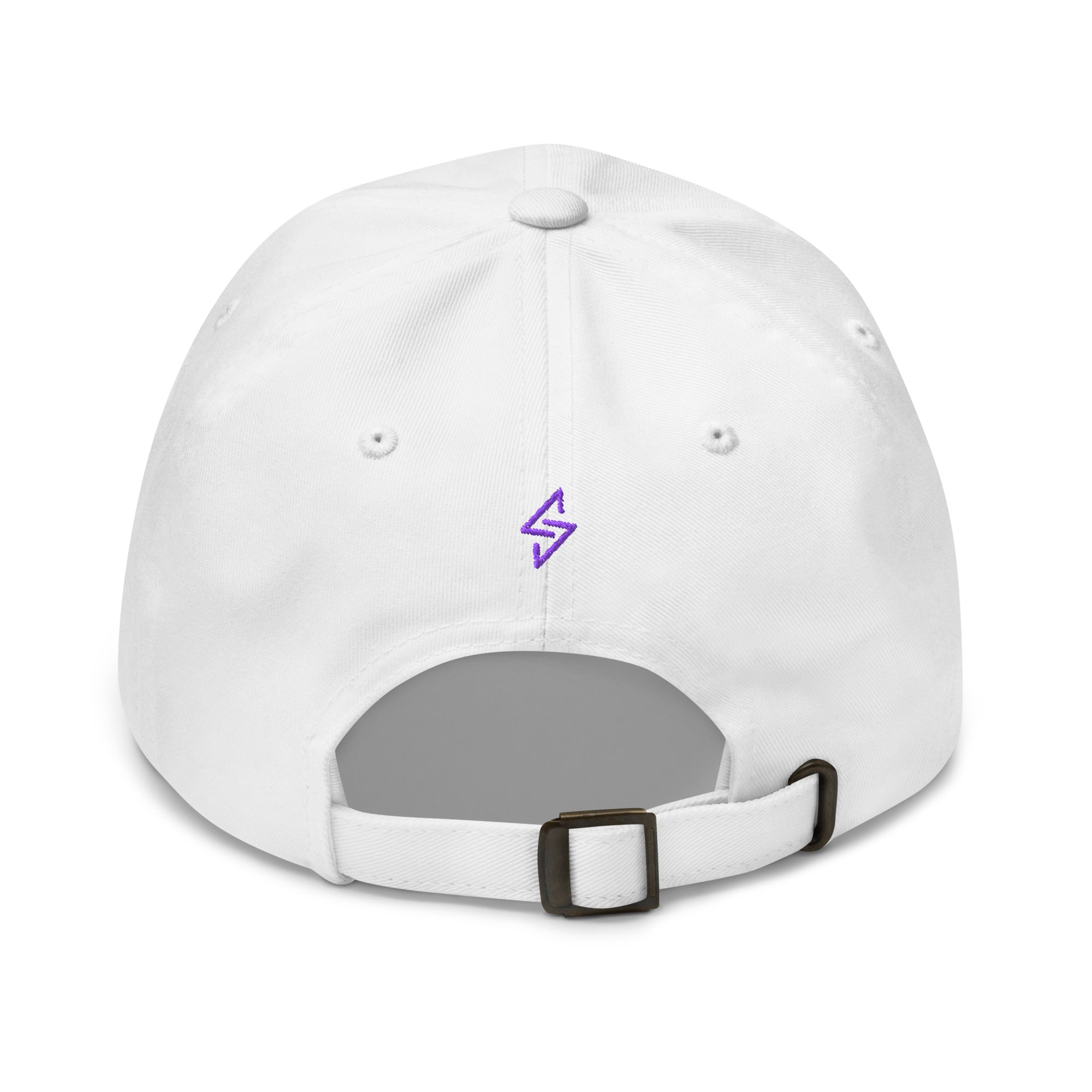 Back of white lightweight cotton cap with adjustable strap and embroidered Generation Sport symbol.