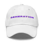Centered front view of white lightweight cotton cap with bold purple Generation Sport logo