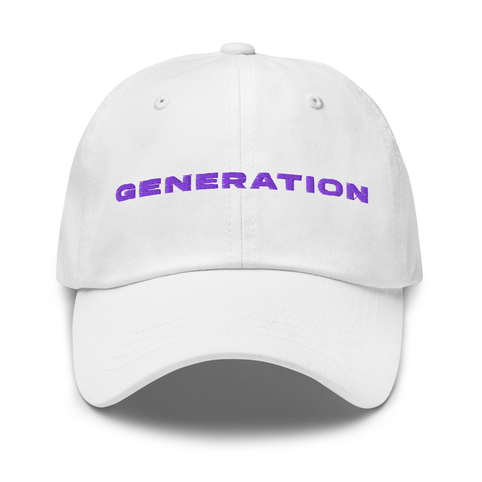 Centered front view of white lightweight cotton cap with bold purple Generation Sport logo