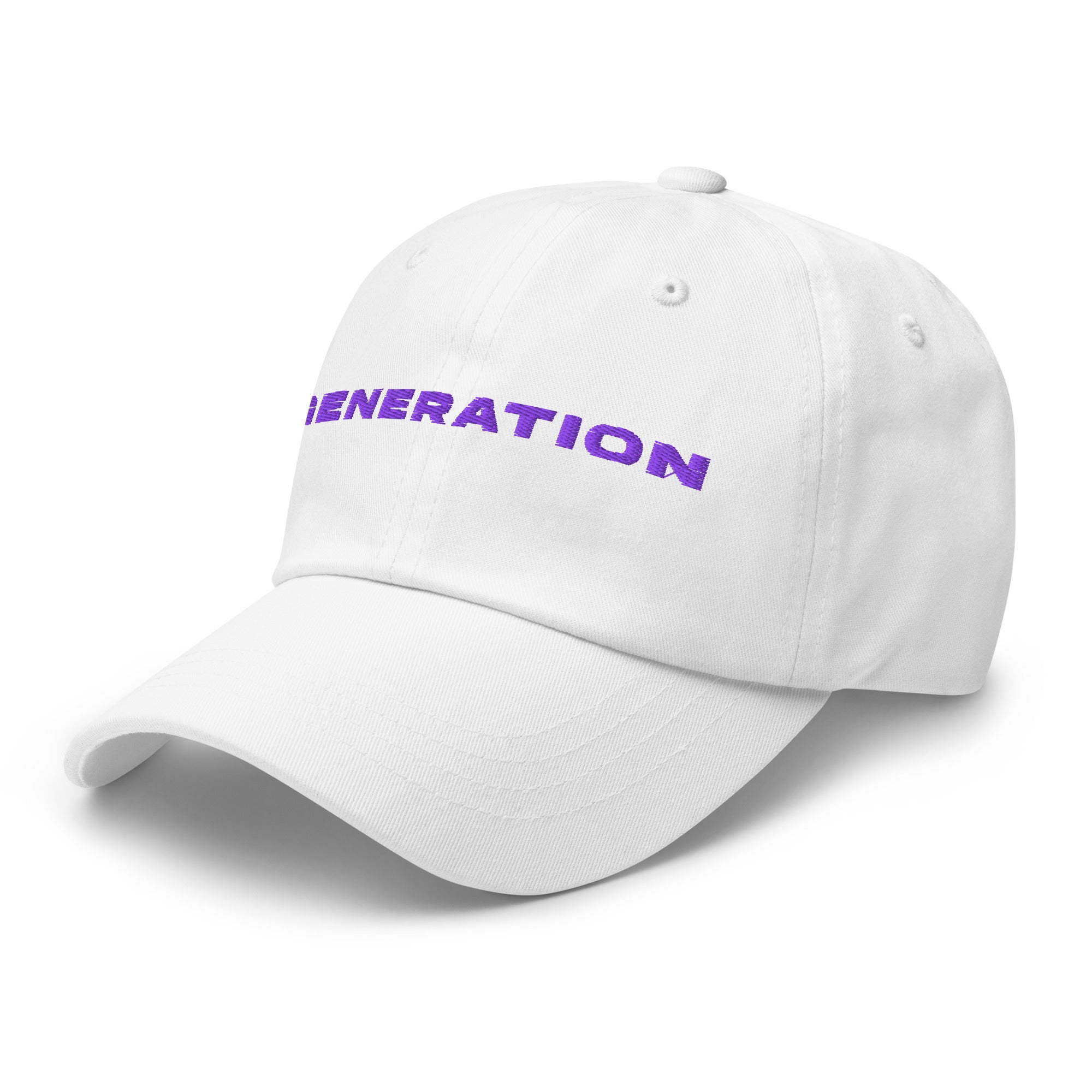 Lightweight cotton cap with Generation Sport logo in purple across the front, curved brim in focus.